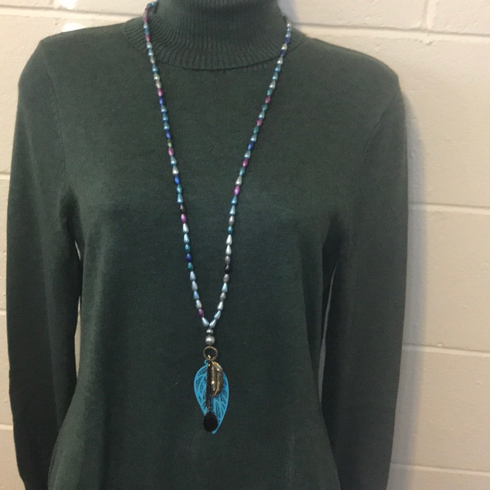 Blue boho long pearl beaded necklace with feather
